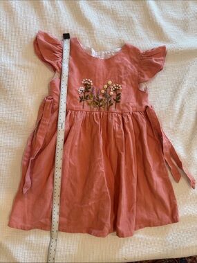 Girls Coral Floral Embroidered Linen Dress